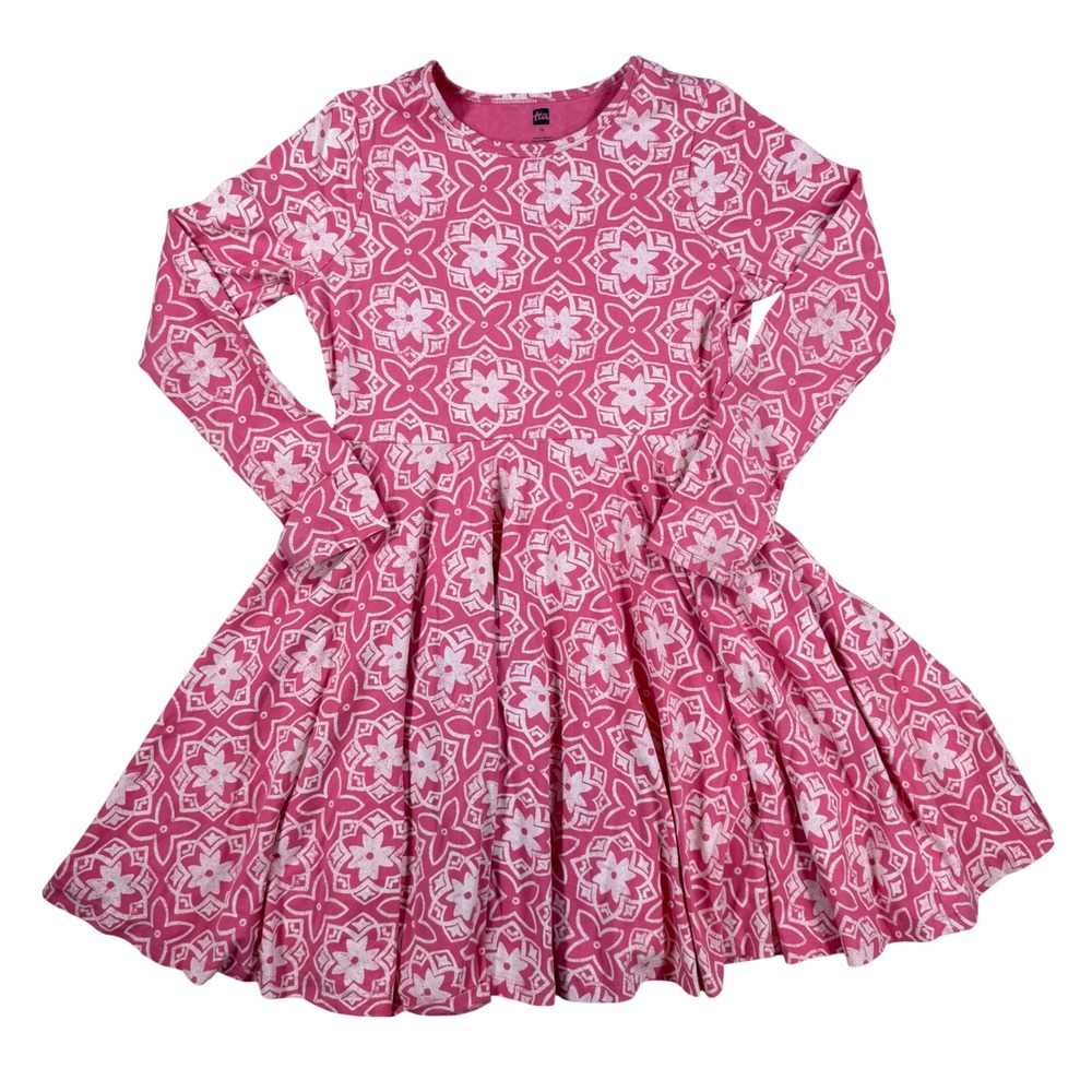 Tea Collection Girls Pink White Floral‎ Tile Long Sleeve Twirl Skater Dress 12